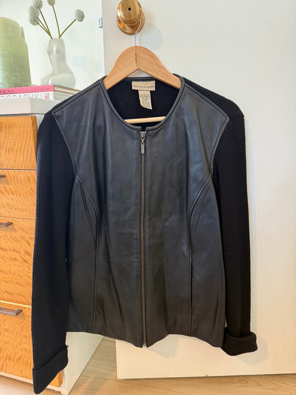 Apostrophe Black Genuine Leather Knit Sleeve Zip Jacket Size L Y2K ✨